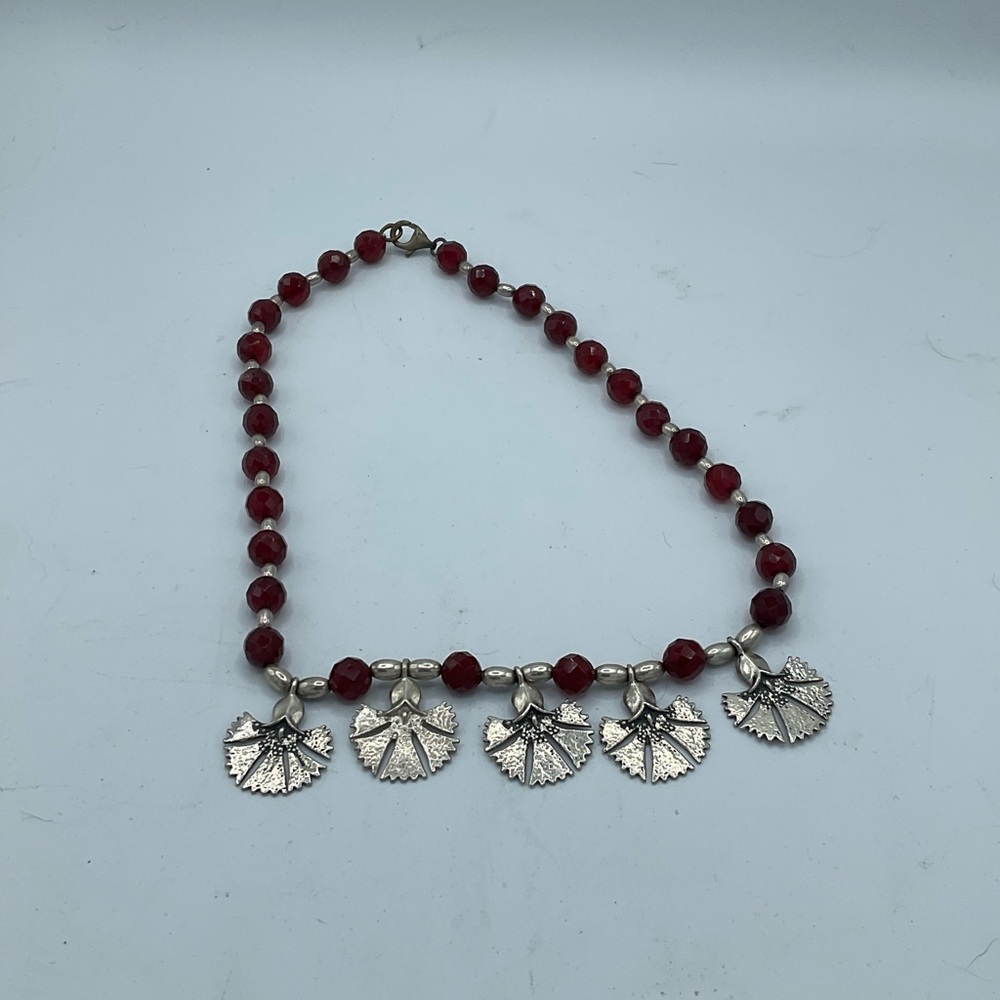 “VINTAGE GINGKO LEAF NECKLACE” Silver with Brown Faceted “Jet”  Beads. - Picture 3 of 15